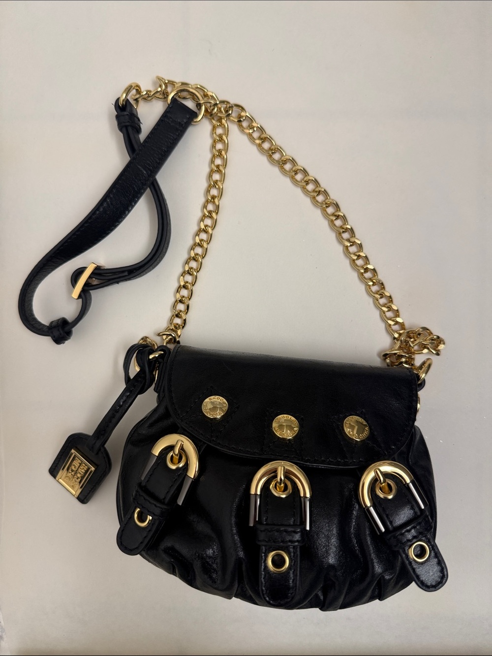Badgley Mischka Black Leather Crossbody with Gold Chain Trim